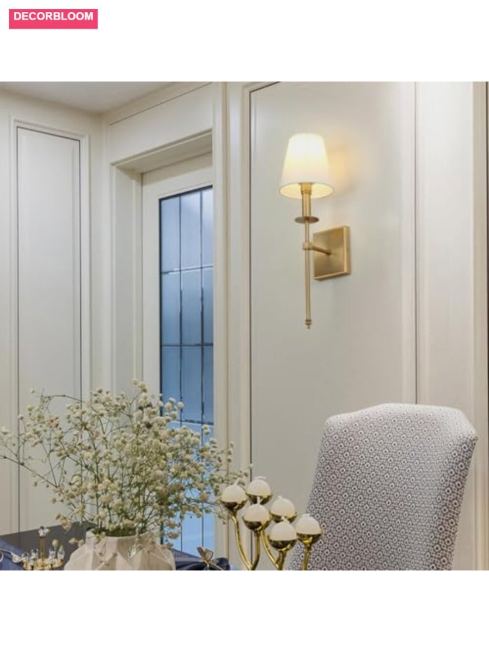 Set of 2 Industrial Wall Sconces with Flared White Fabric Shades, Brass Finish, - Picture 5 of 5